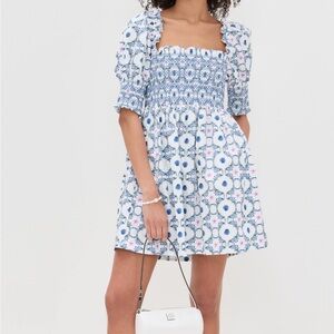HILL HOUSE - LILA NAP DRESS - NWT - Blue White Floral Smocked Mini Dress